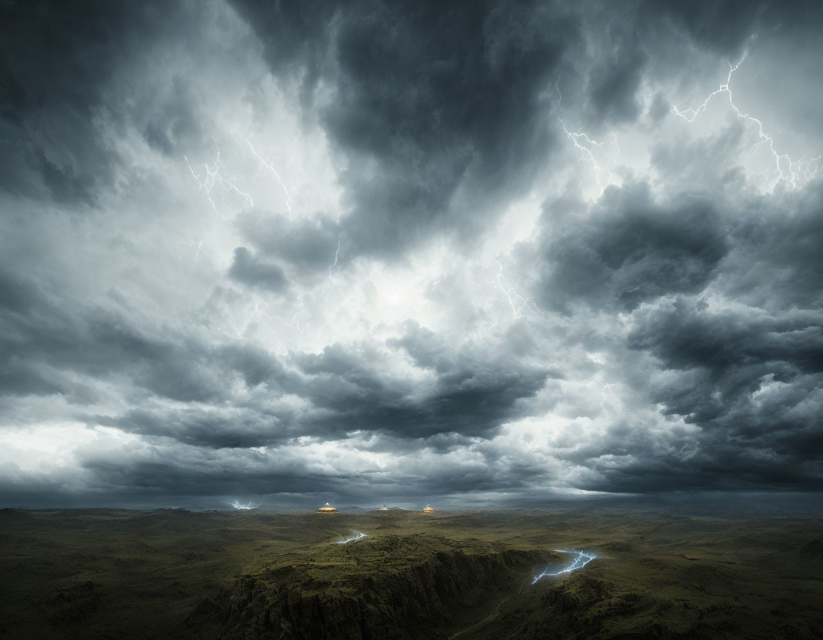 Stormy Sky Landscape with Lightning and River