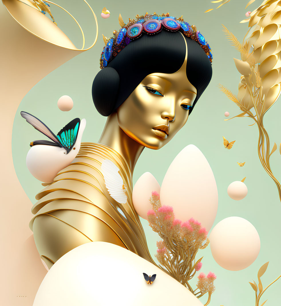 Stylized digital artwork of golden-skinned woman with butterflies and jeweled headpiece