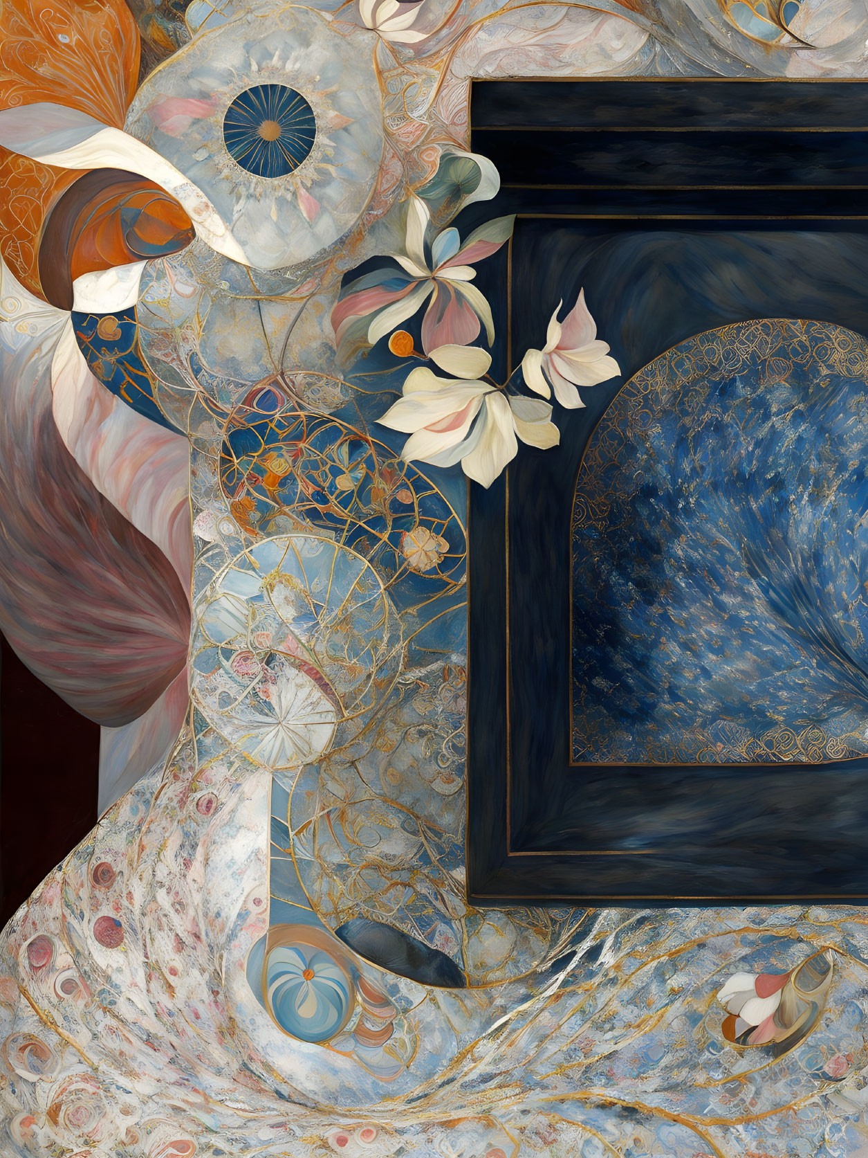 Abstract Painting with Blue, Gold, and Peach Tones and Celestial Motifs