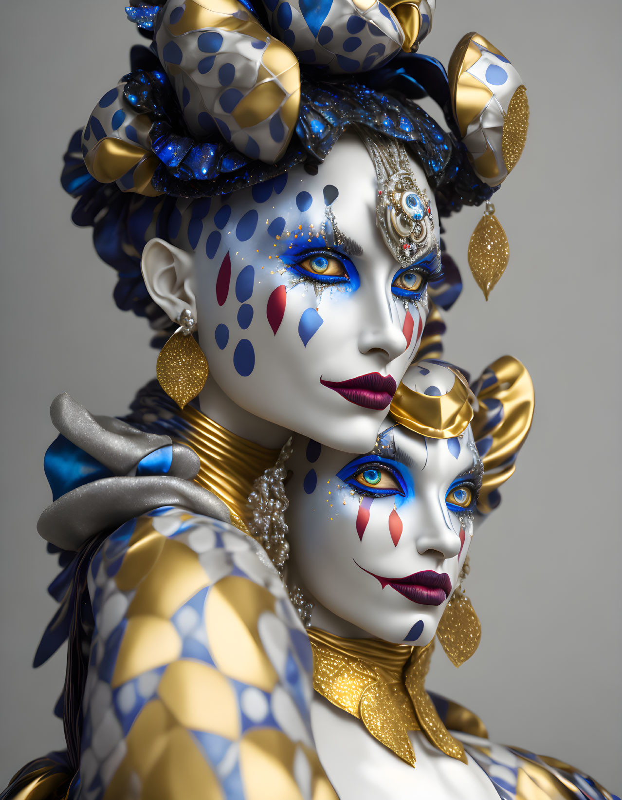 Ornate clown figures with blue and white makeup and elaborate gold and blue headpieces.