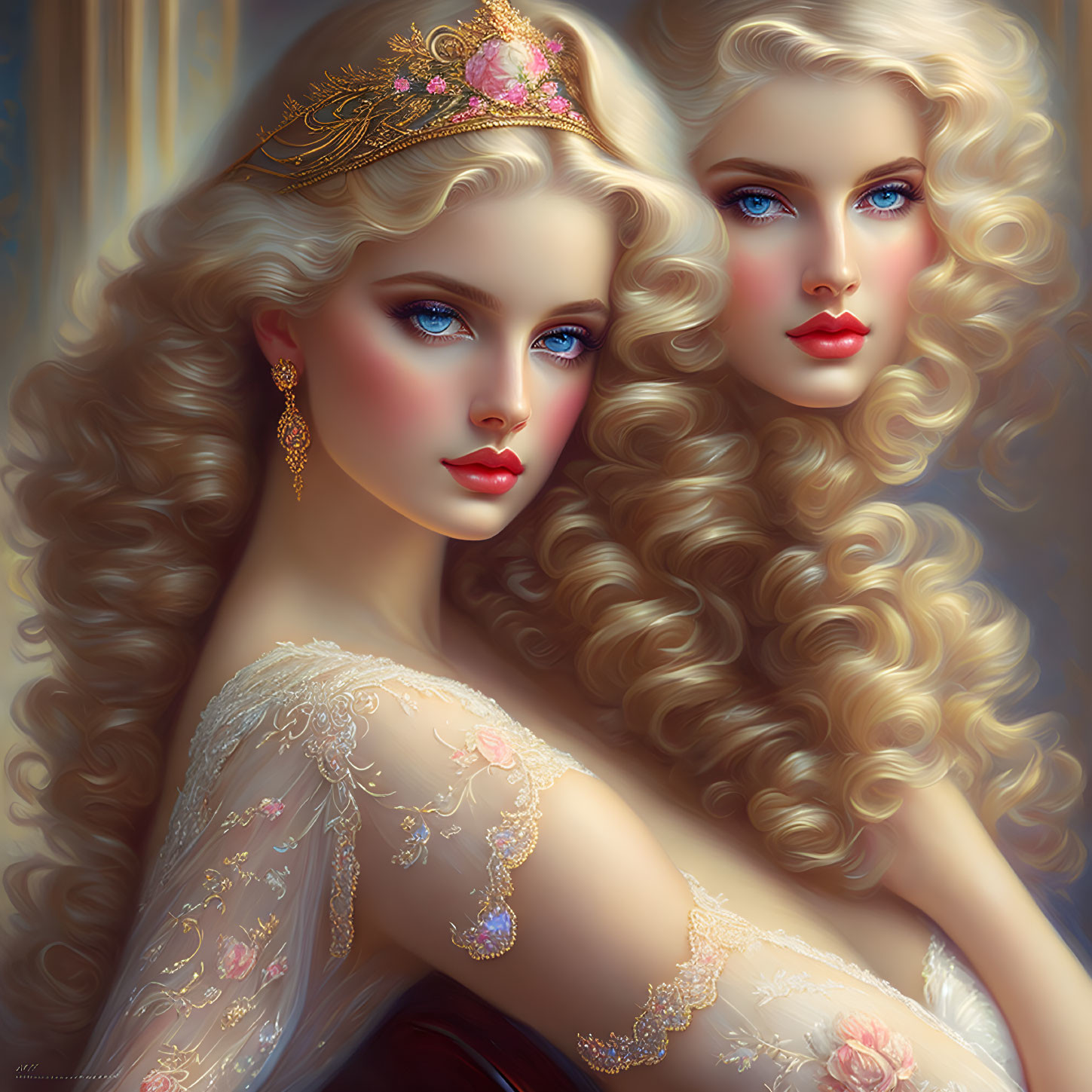 Ethereal women with golden curls and blue eyes in jeweled attire on ornate background.