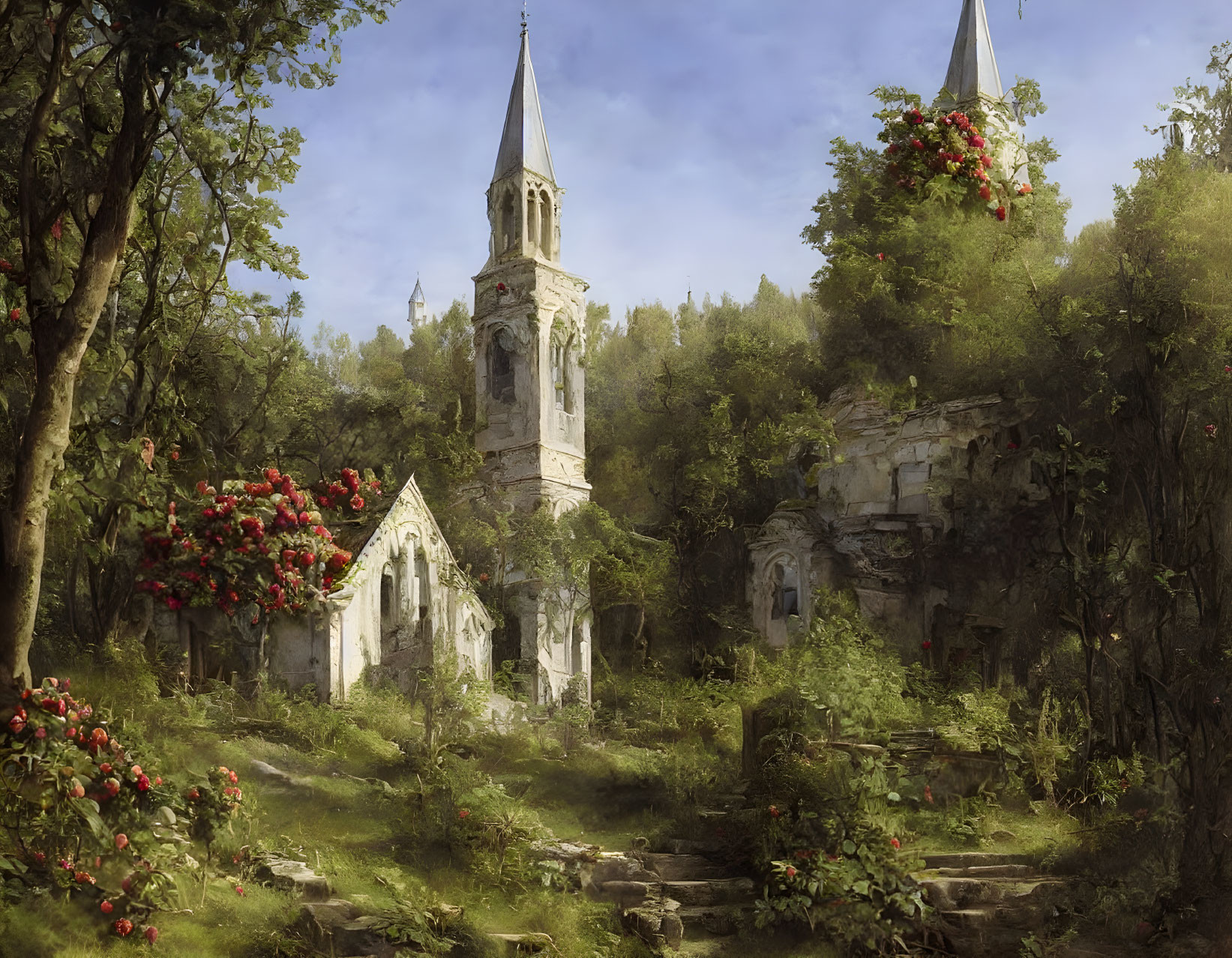 Gothic church ruins in lush forest with flowering vines