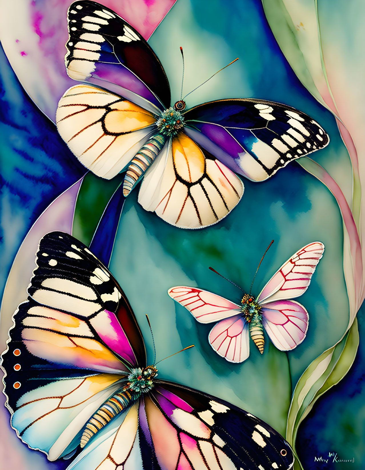 Colorful butterflies with patterned wings on marbled backdrop