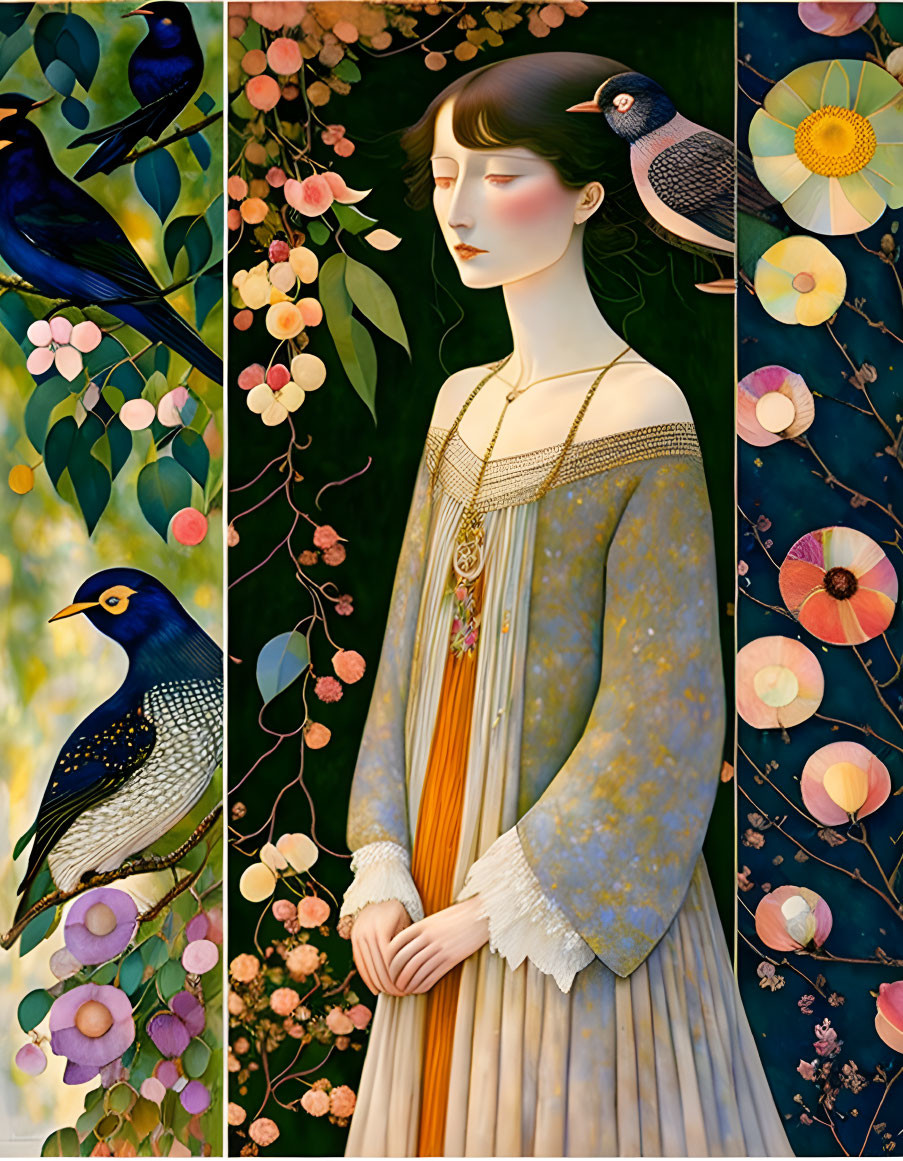 Woman with Birds and Floral Motifs: Art Nouveau and Surrealism Blend