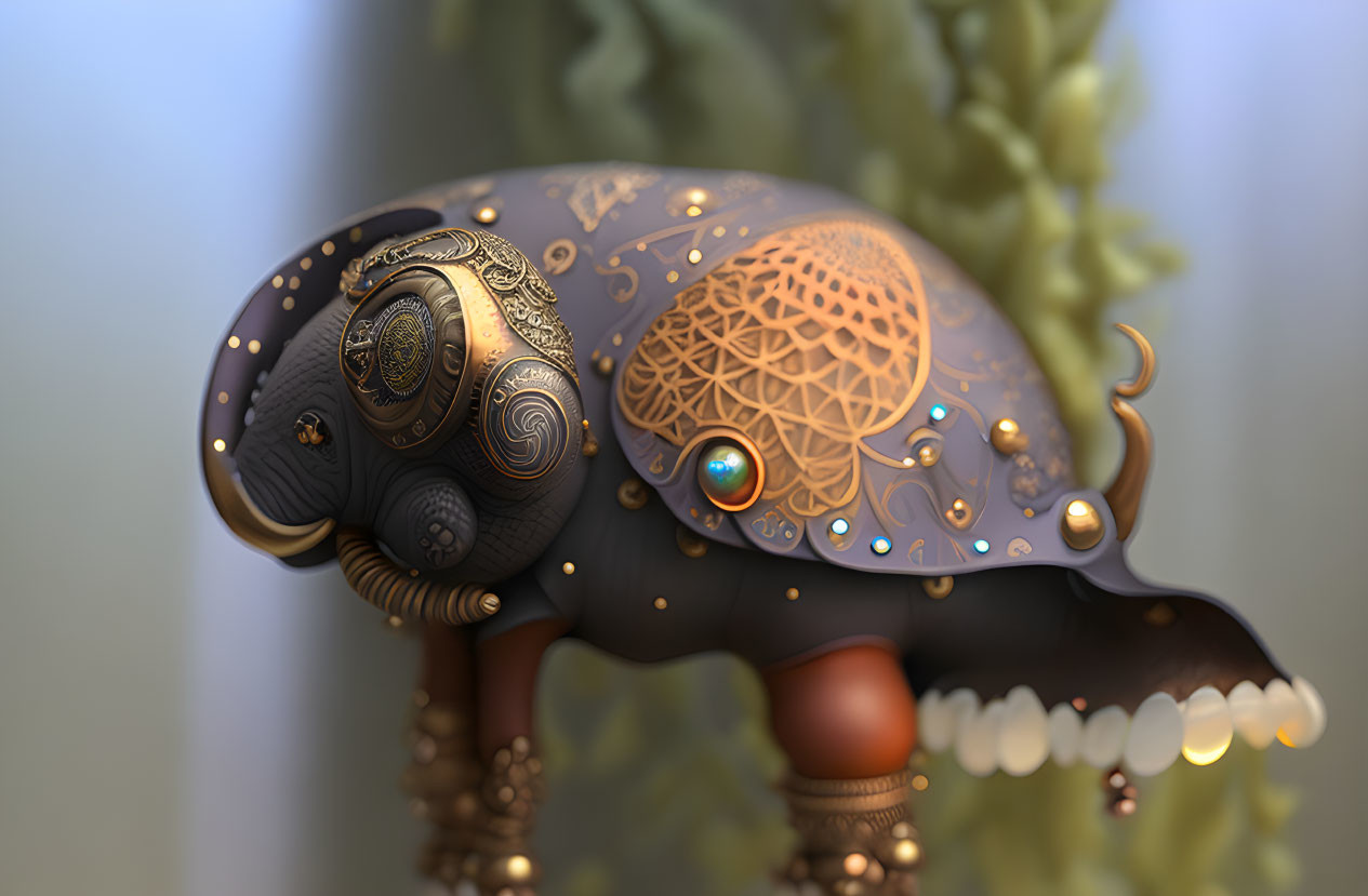 Detailed Elephant Sculpture with Gold Patterns and Gemstones on Soft Background