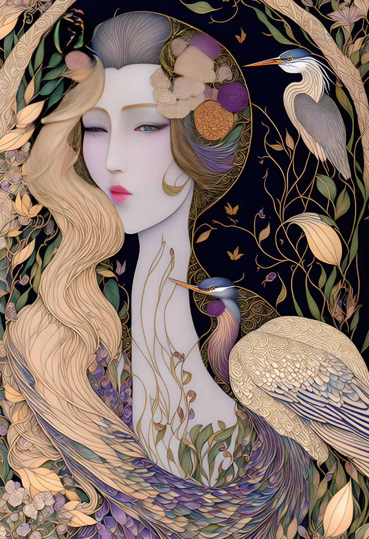 Art Nouveau style female figure with flowing hair, flora, fauna, and herons in golden accents