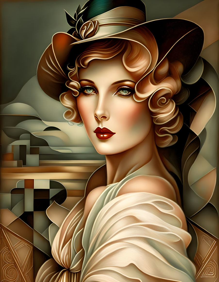 Elegant woman in Art Deco style with wavy hair and hat, featuring warm tones.