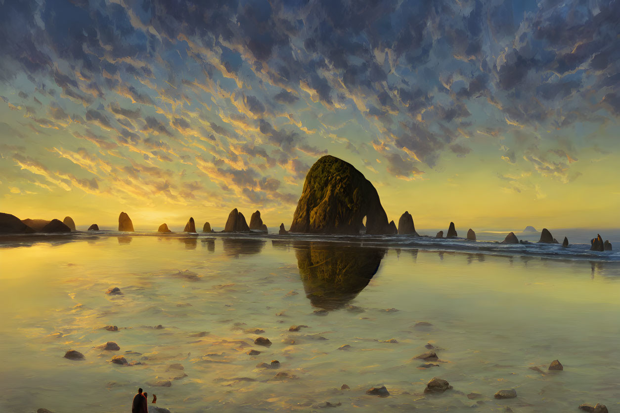 Tranquil sunset beach scene with couple near rock formations