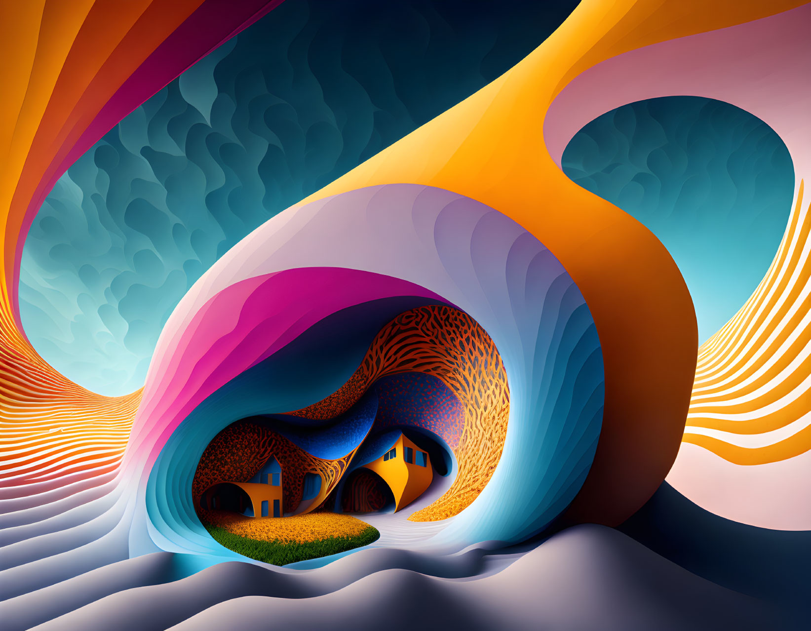 Colorful surreal landscape with swirling patterns and unique houses.