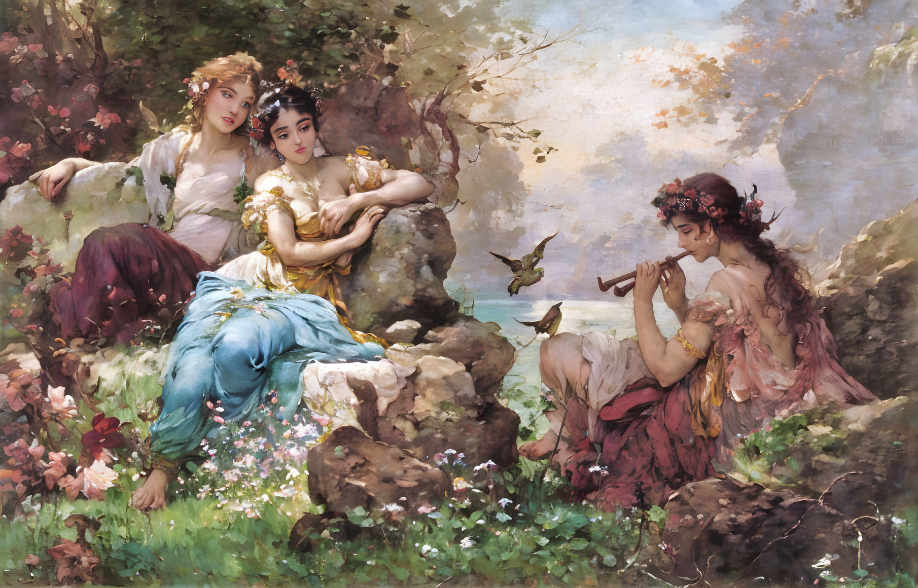 Three women in ethereal attire lounging in a flower-filled landscape with birds