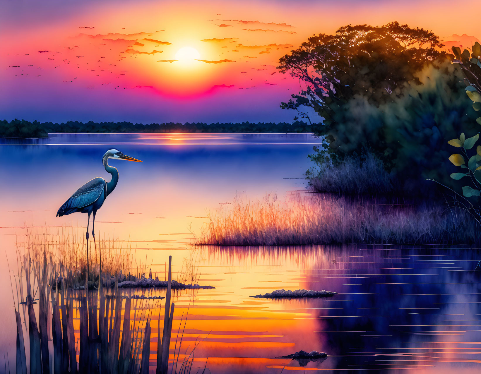 Scenic sunset over tranquil lake with heron, crocodile silhouettes, and colorful sky reflection