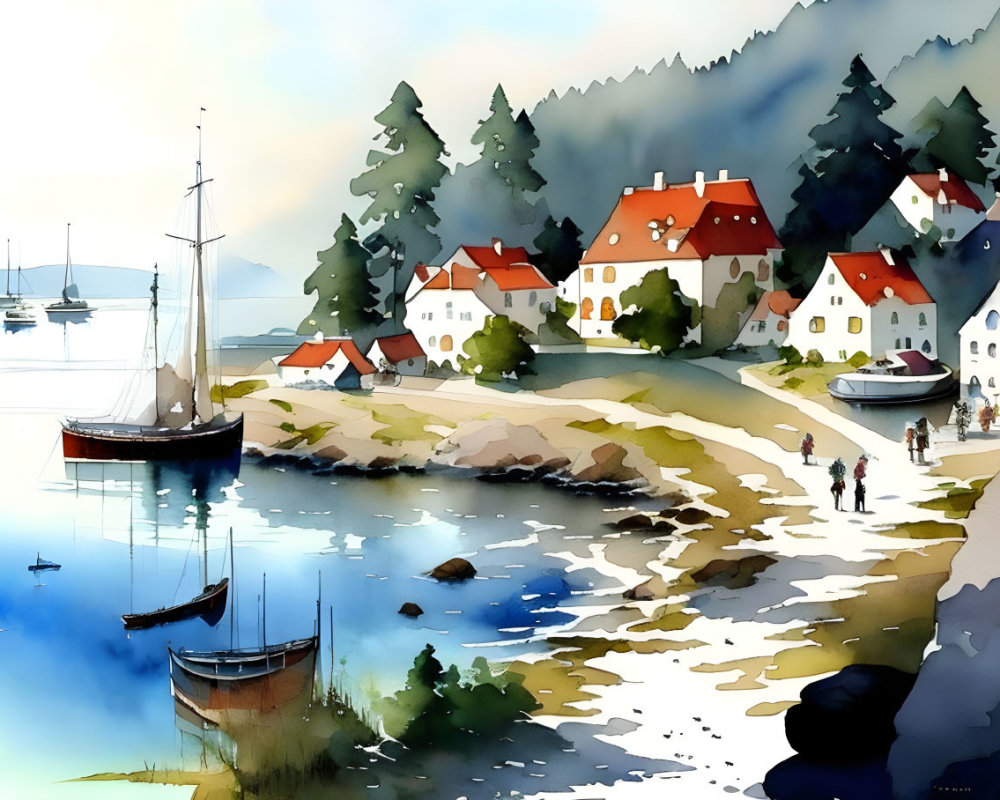 Serene coastal village scene with traditional houses, boats, and forested hills