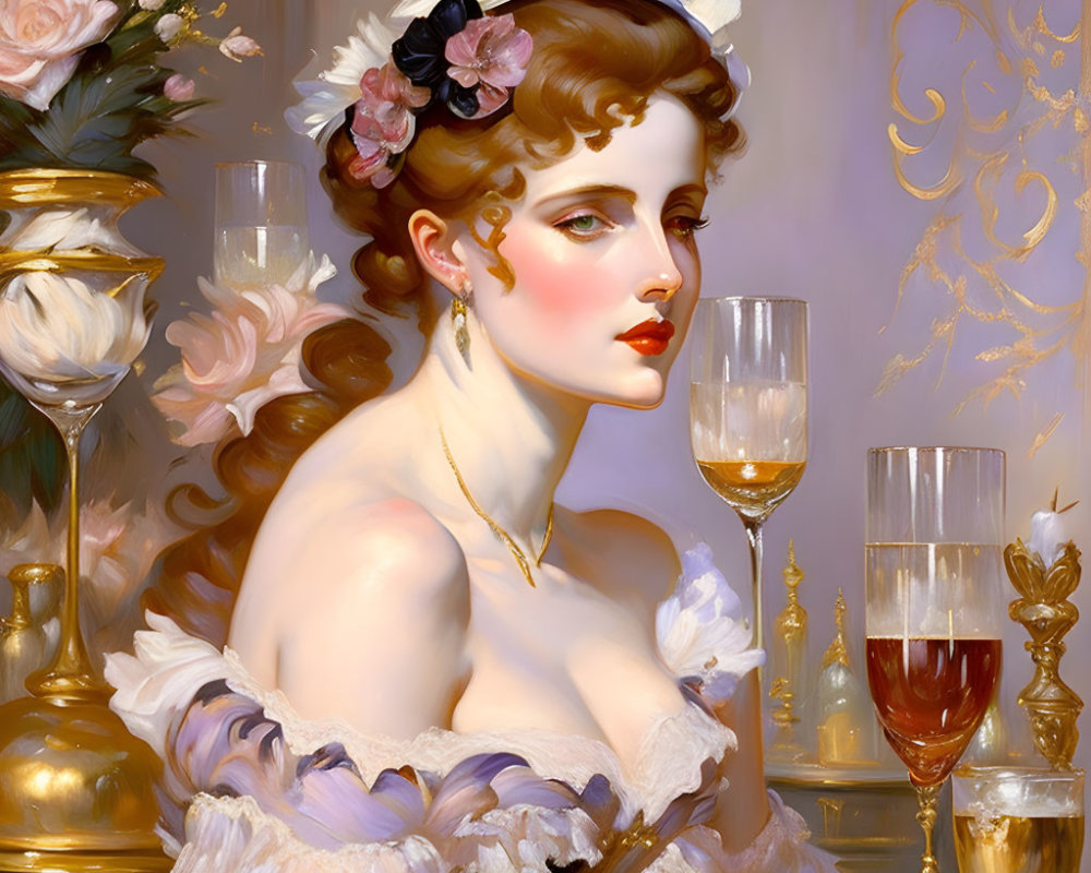 Floral hairpiece adorned elegant lady in opulent table setting