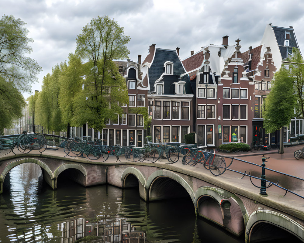 Tranquil Dutch canal with traditional houses, bicycles, and green trees