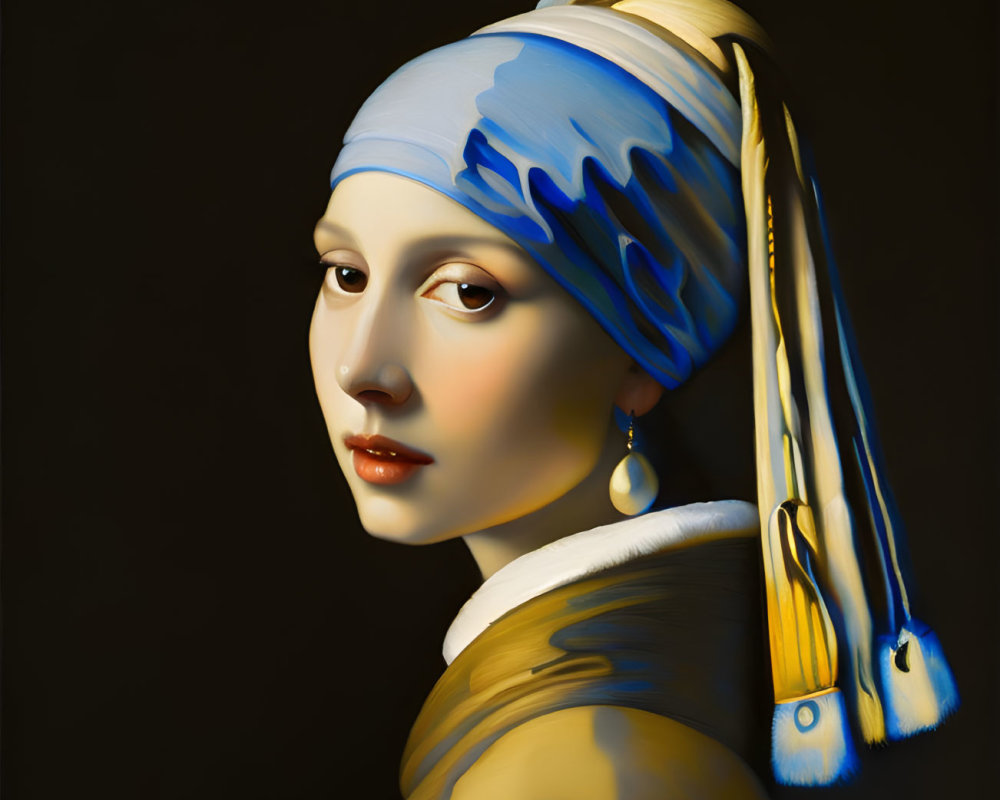 3D rendering of a young woman with a blue headscarf and large pearl earring