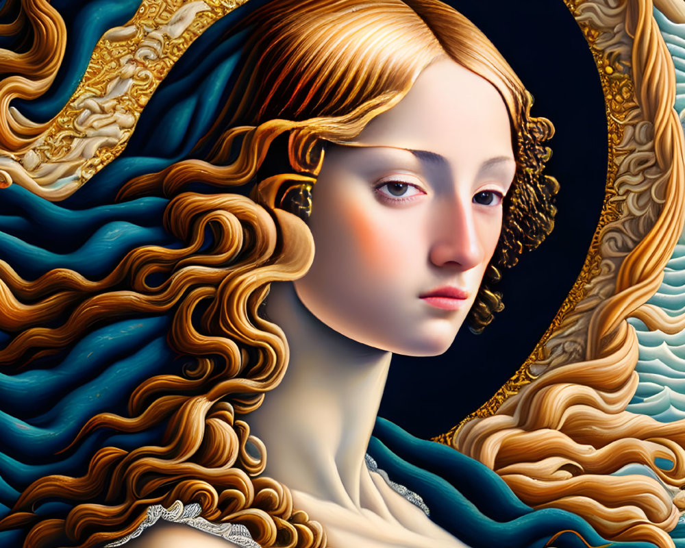 Renaissance-style digital art: Woman with golden hair in surreal setting