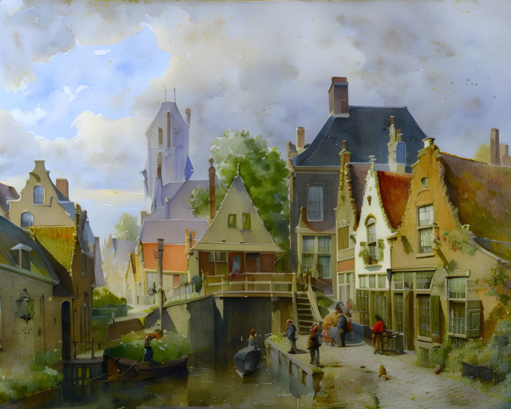 Historic European village scene with canal, boats, old houses, and church spire