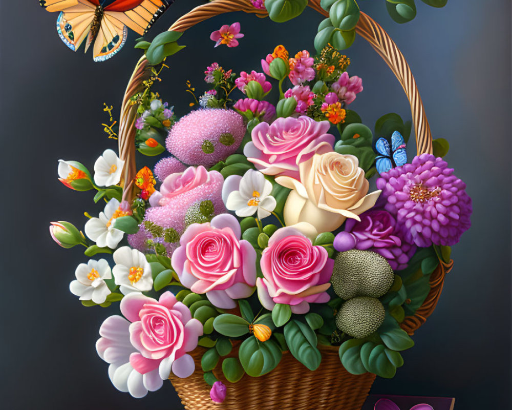 Colorful Flowers in Wicker Basket on Books with Butterflies