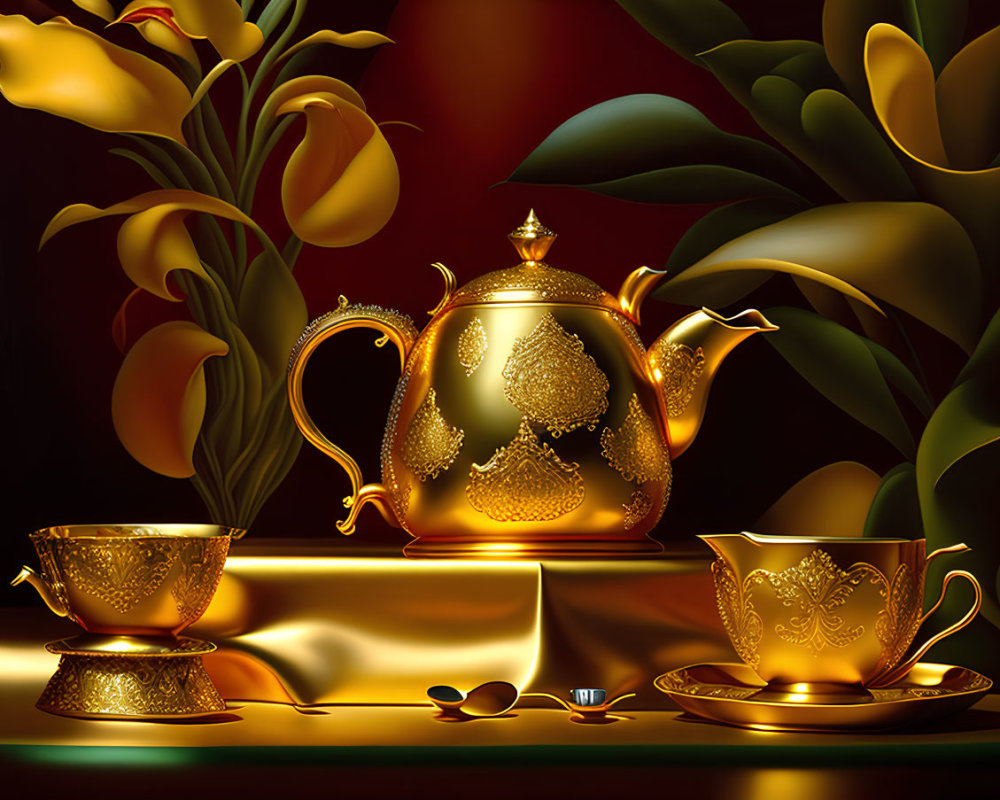 Intricate Gold Teapot Set with Ornate Cups and Dramatic Lighting