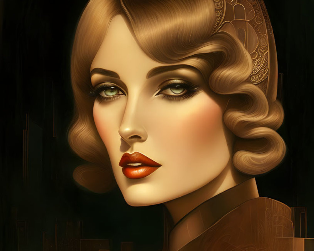 Vintage 1920s-inspired digital portrait with warm tones and art deco style