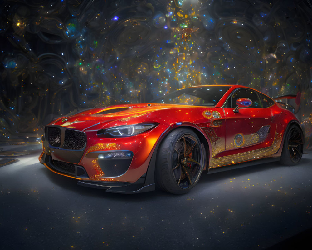 Vibrant red sports car with gold patterns on cosmic background