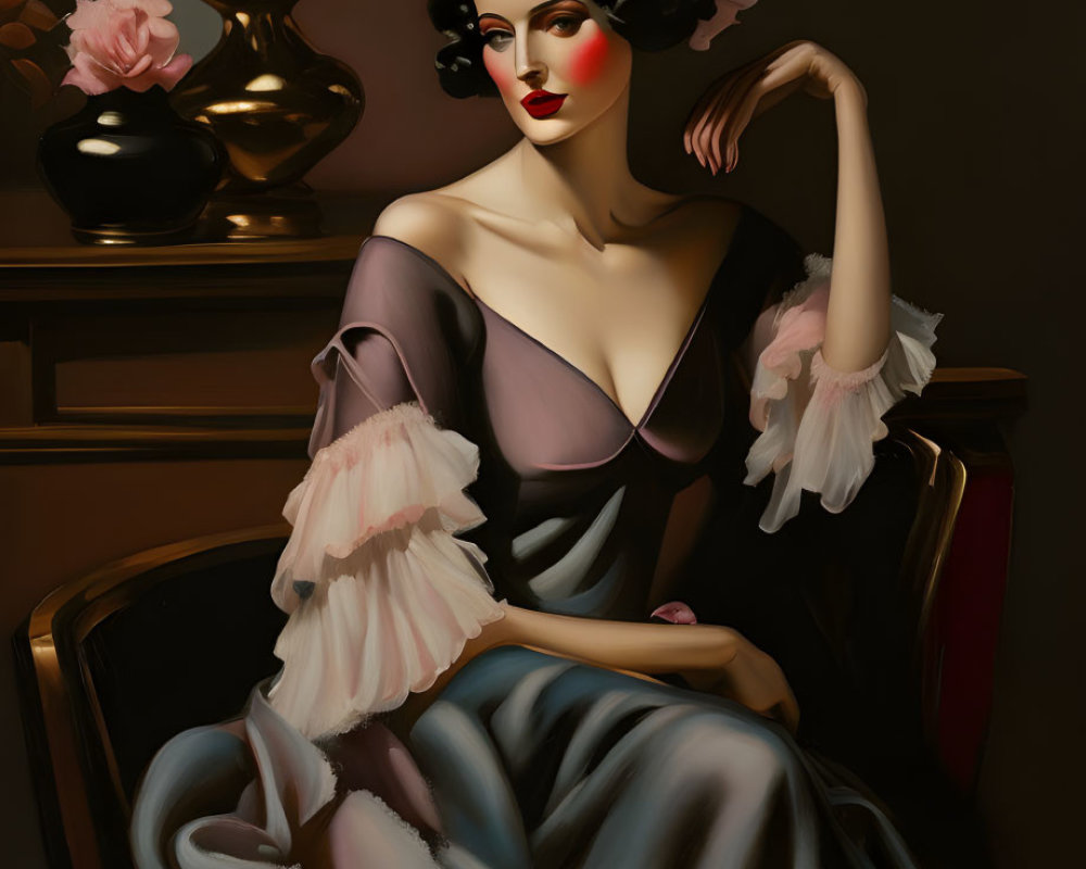 Vintage-inspired portrait of a seated woman with bold red lips and classic hairstyle in off-shoulder gown