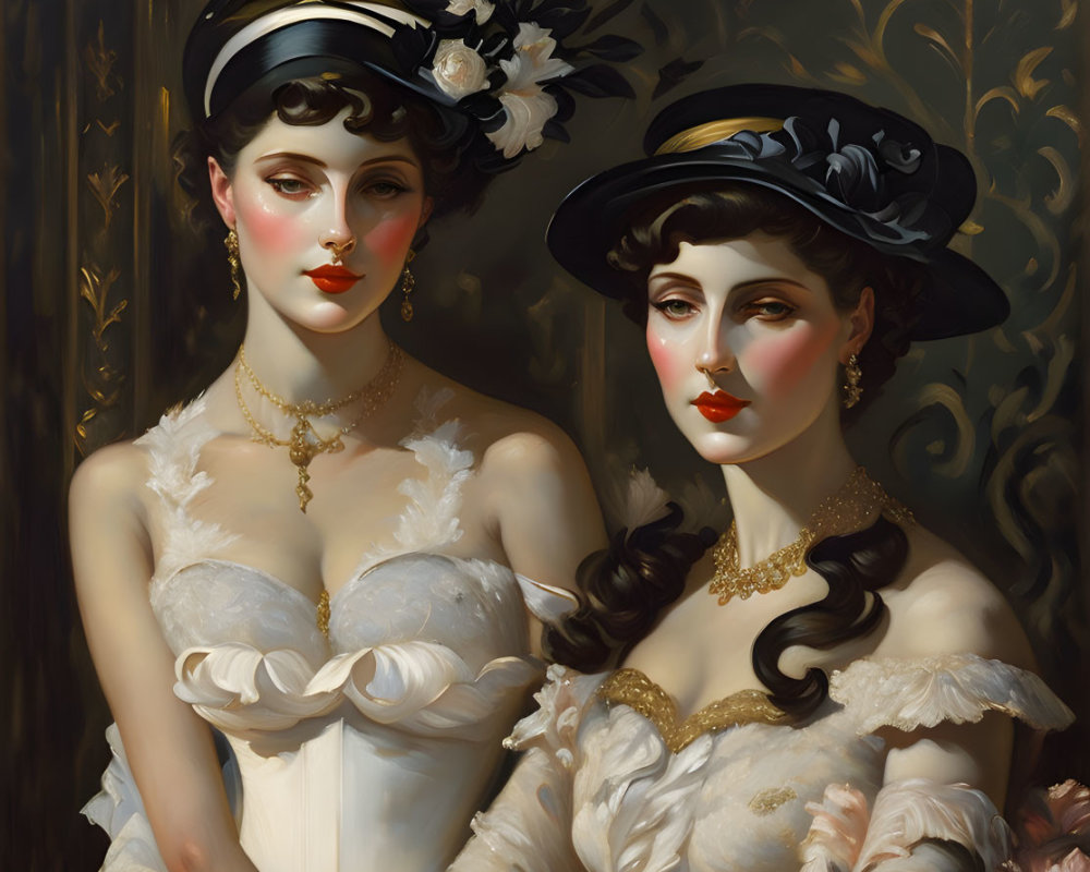 Vintage Style Artwork Featuring Two Elegant Women in Sophisticated Hats