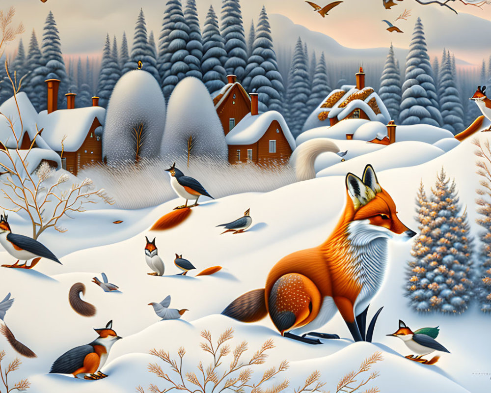 Winter wildlife in snowy village with smoke from chimneys