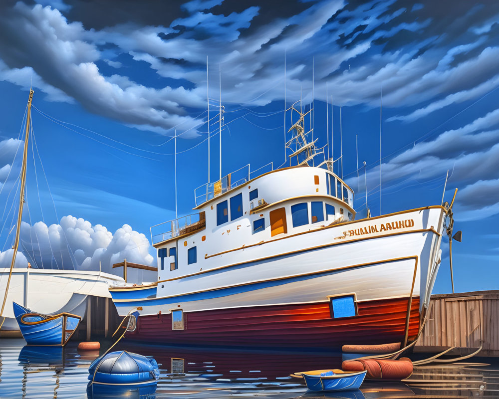 Vibrant docked boat illustration with clear sky and calm water