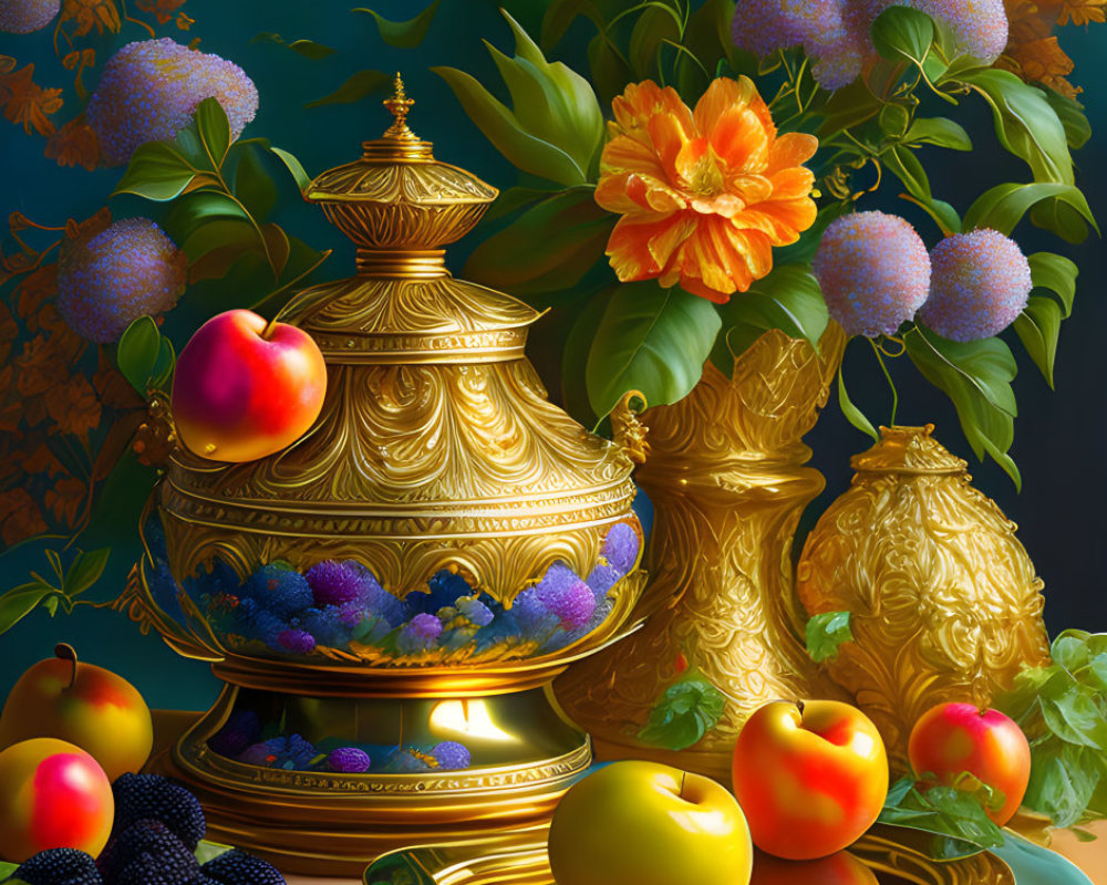 Luxurious Still Life Featuring Golden Vessels, Peaches, Blackberries, and Orange Flower on