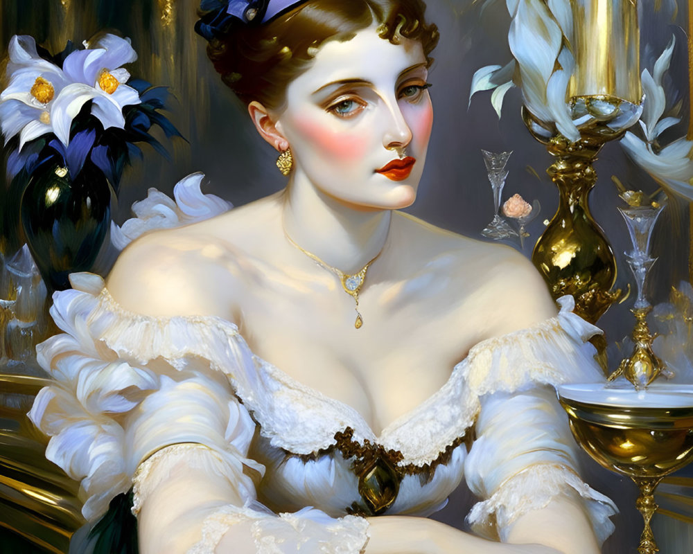 Portrait of a contemplative woman in white gown with blue headpiece