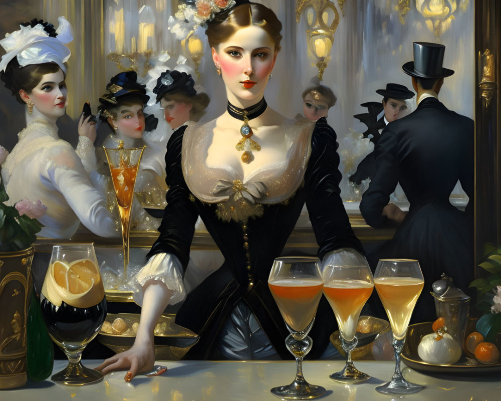 Victorian-era painting of elegantly dressed ladies and gentlemen at a social gathering