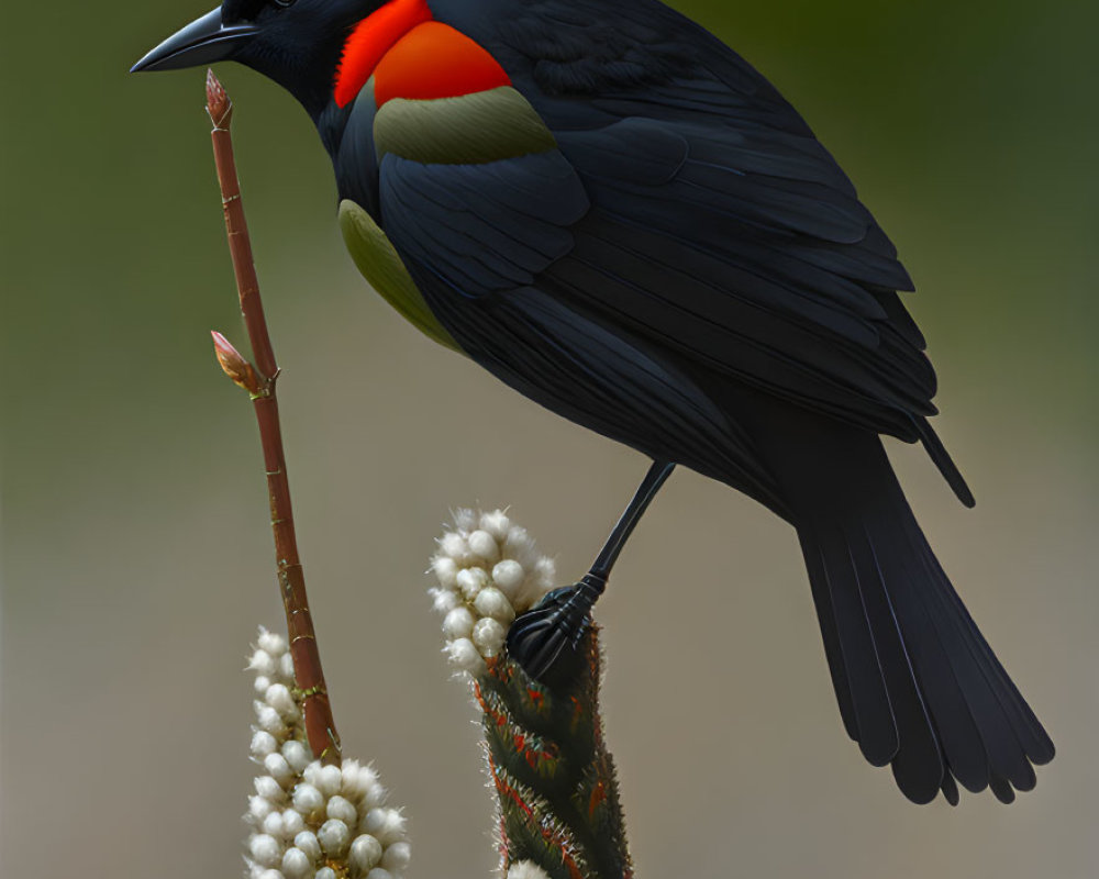 Colorful bird with red throat and blue markings on branch with white flowers