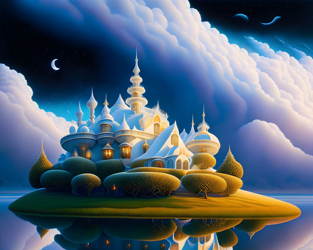 Fantastical castle on floating island under night sky