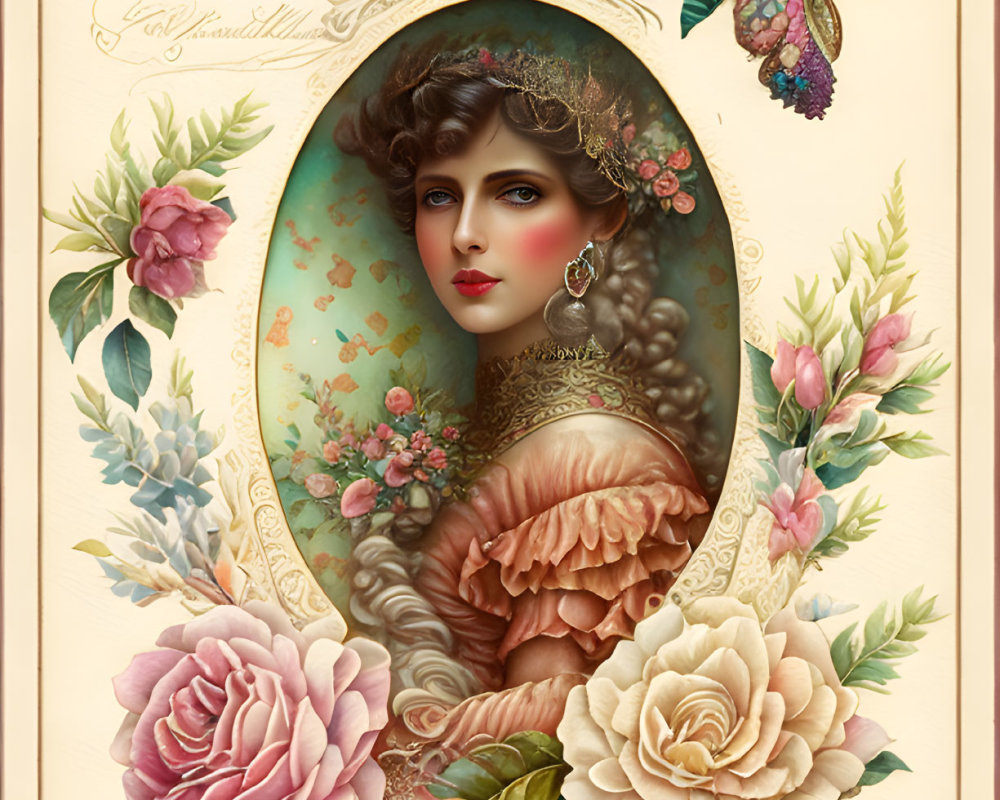 Vintage-style illustration of woman in ornate dress and hat with floral motifs and butterfly on aged parchment.