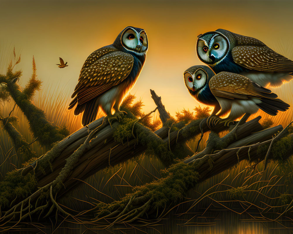 Three Owls Perched on Branch at Sunset with Warm Hues