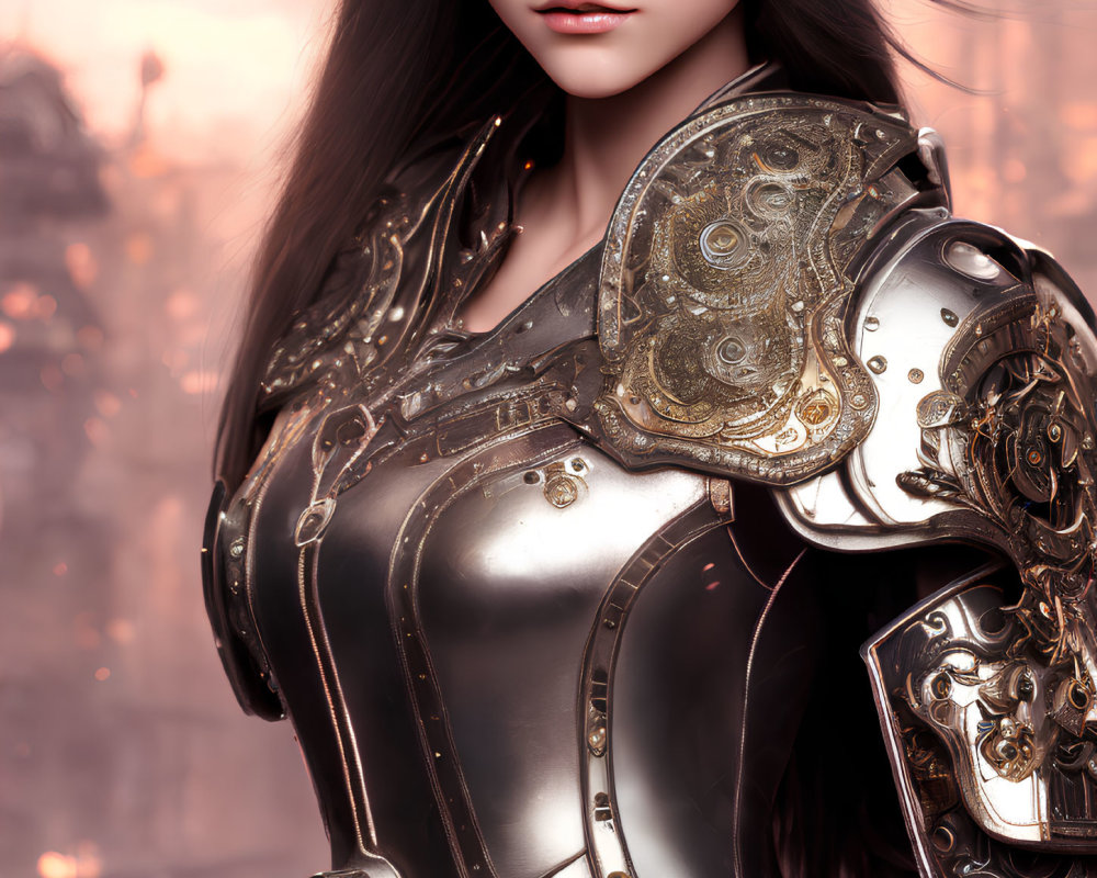 Female warrior with long dark hair in ornate metallic armor against blurred background