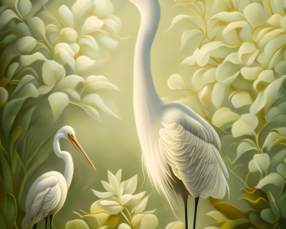 Two elegant herons in lush green foliage with soft light.