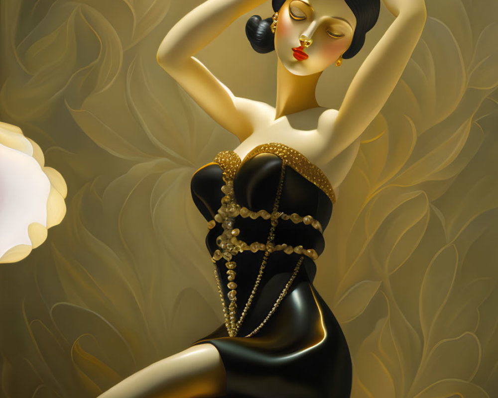 Art Deco-inspired female figure in black and gold outfit dancing against floral backdrop