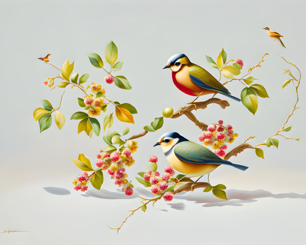 Colorful Birds on Branches with Pink Blossoms and Green Leaves