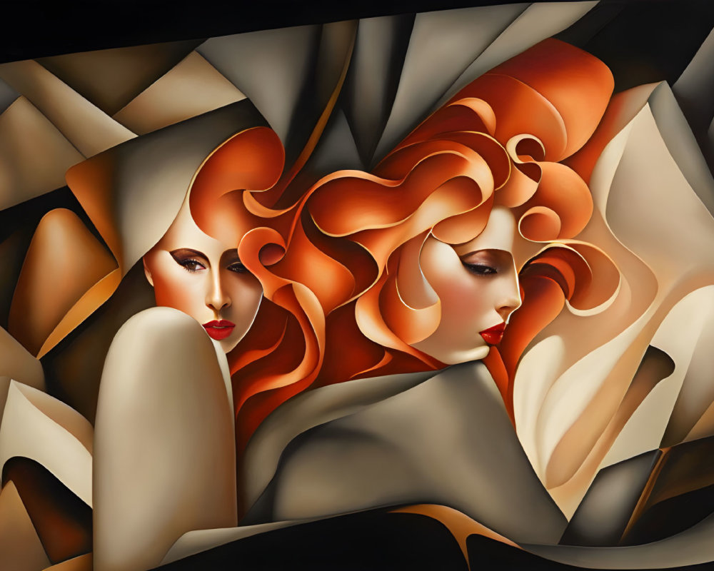 Abstract Art: Stylized Faces with Red Hair & Geometric Shapes in Warm Palette