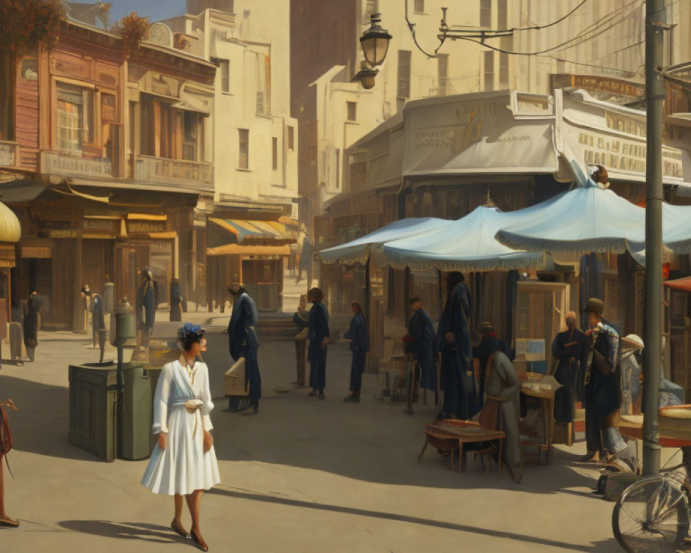 Vintage street scene with market stalls, period clothing, and bicycle on sunny day