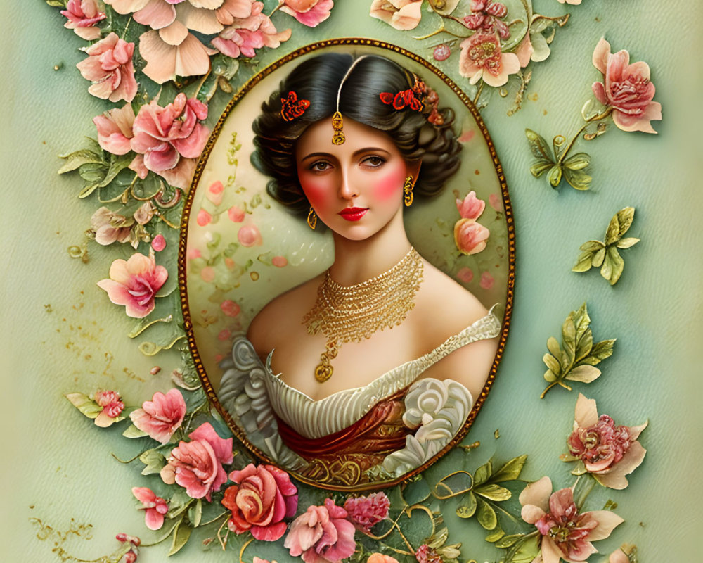 Elegant vintage portrait of a woman in ornate floral frame