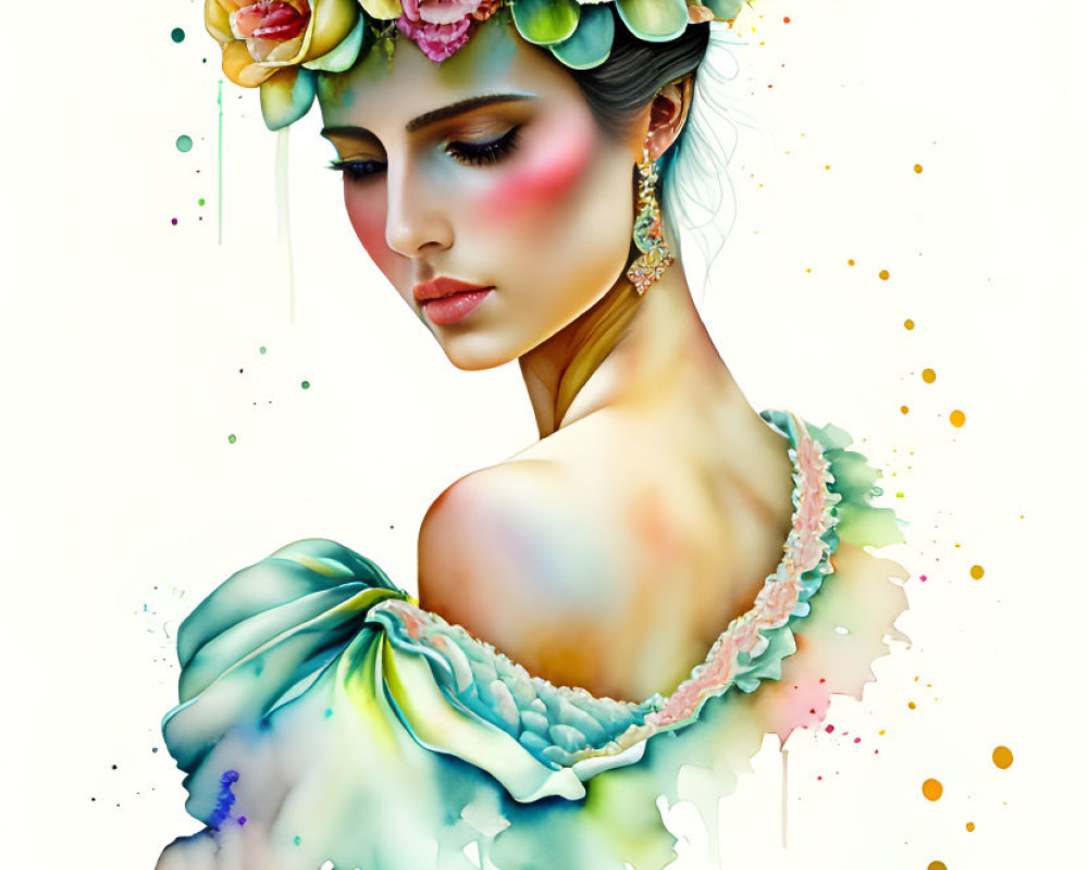 Colorful Stylized Portrait of Woman with Floral Headdress on White Background