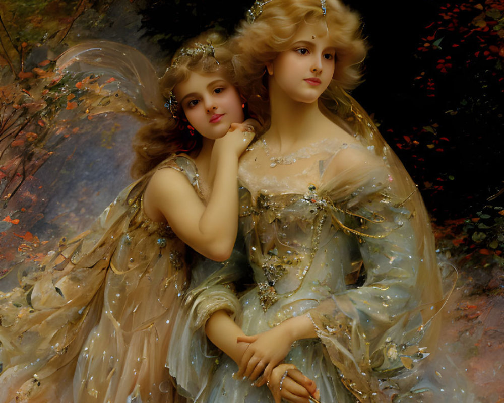 Ethereal women with delicate wings in elaborate gowns amid autumnal backdrop