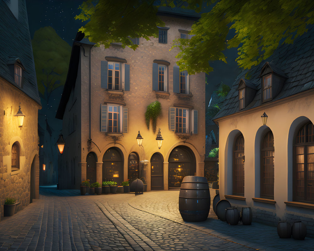 Traditional European cobblestone street at night with warm street lamps and quaint buildings.