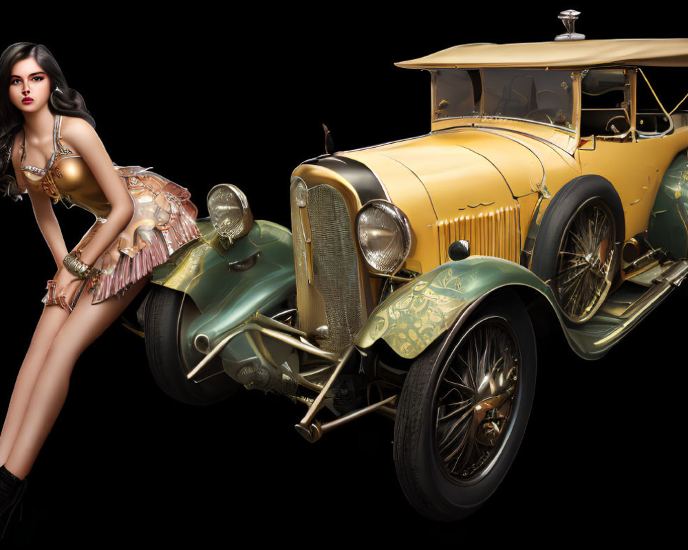 Vintage Outfit Woman Poses by Classic Yellow Car on Black Background