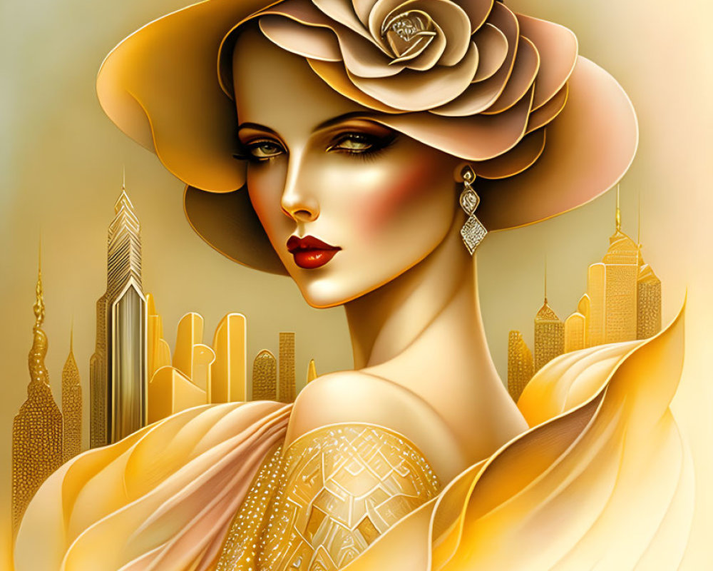 Vintage style woman illustration with wide-brimmed hat and rose against art deco skyscrapers.