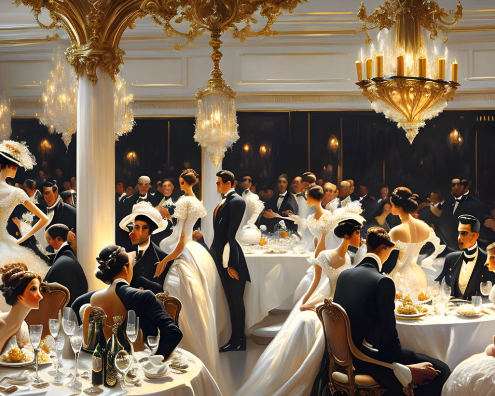 Opulent banquet scene with formal attire, chandeliers, columns, and champagne tables