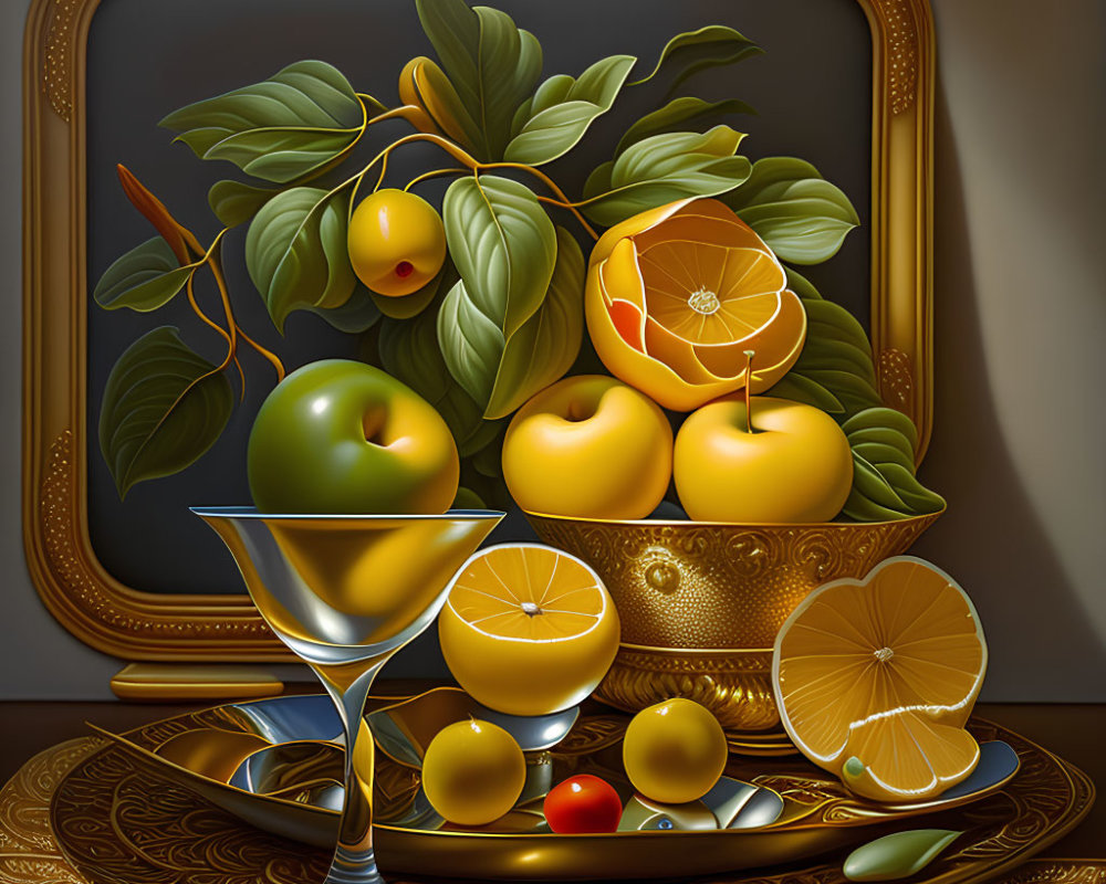 Classic still life with citrus fruits, martini glass, and silver tray